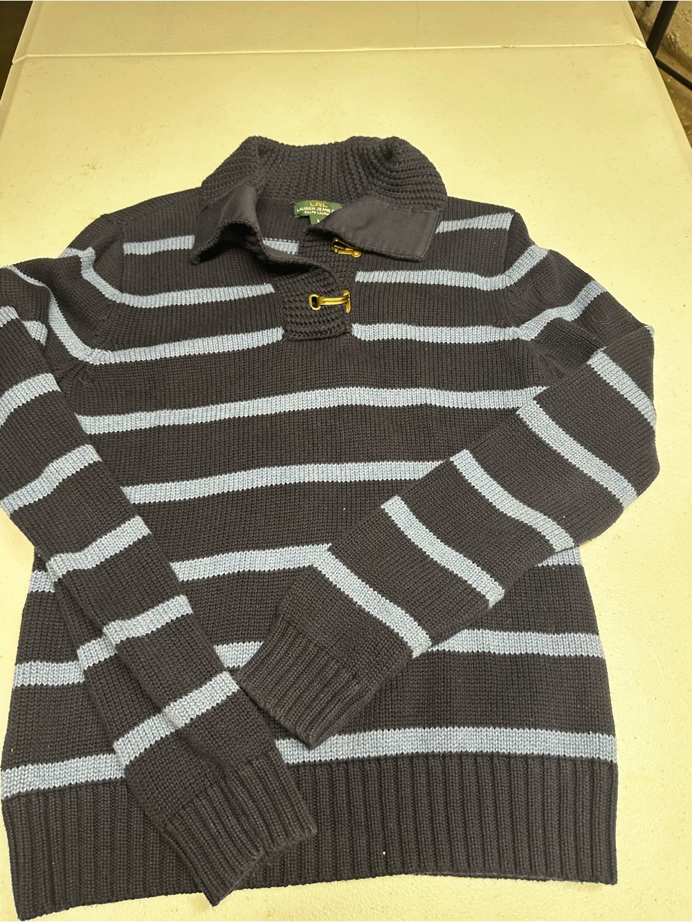 Ralph Lauren Y2K navy blue Striped Shawl-Collar Sweater with Light blue Stripes